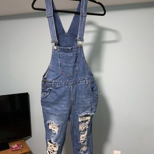 Distress denim overalls